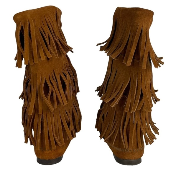 MINNETONKA 1632 3 LAYER FRINGE CALF HIGH SUEDE LEATHER SLIP ON MOCCASIN BOOTS - Picture 7 of 14